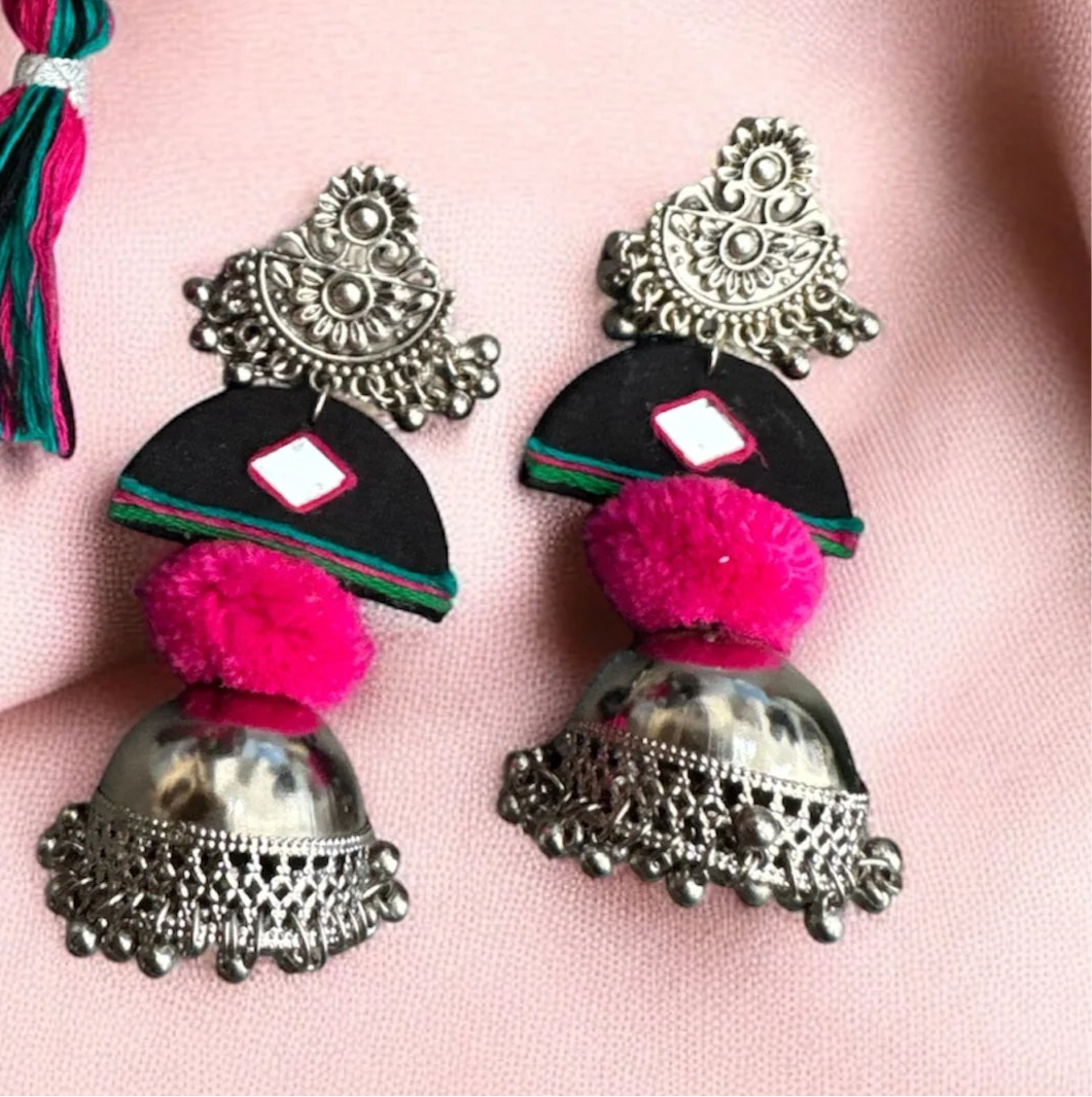 Boho Navratri 2025 Pom Pom Earrings Handmade Oxidized Silver Statement Jewelry