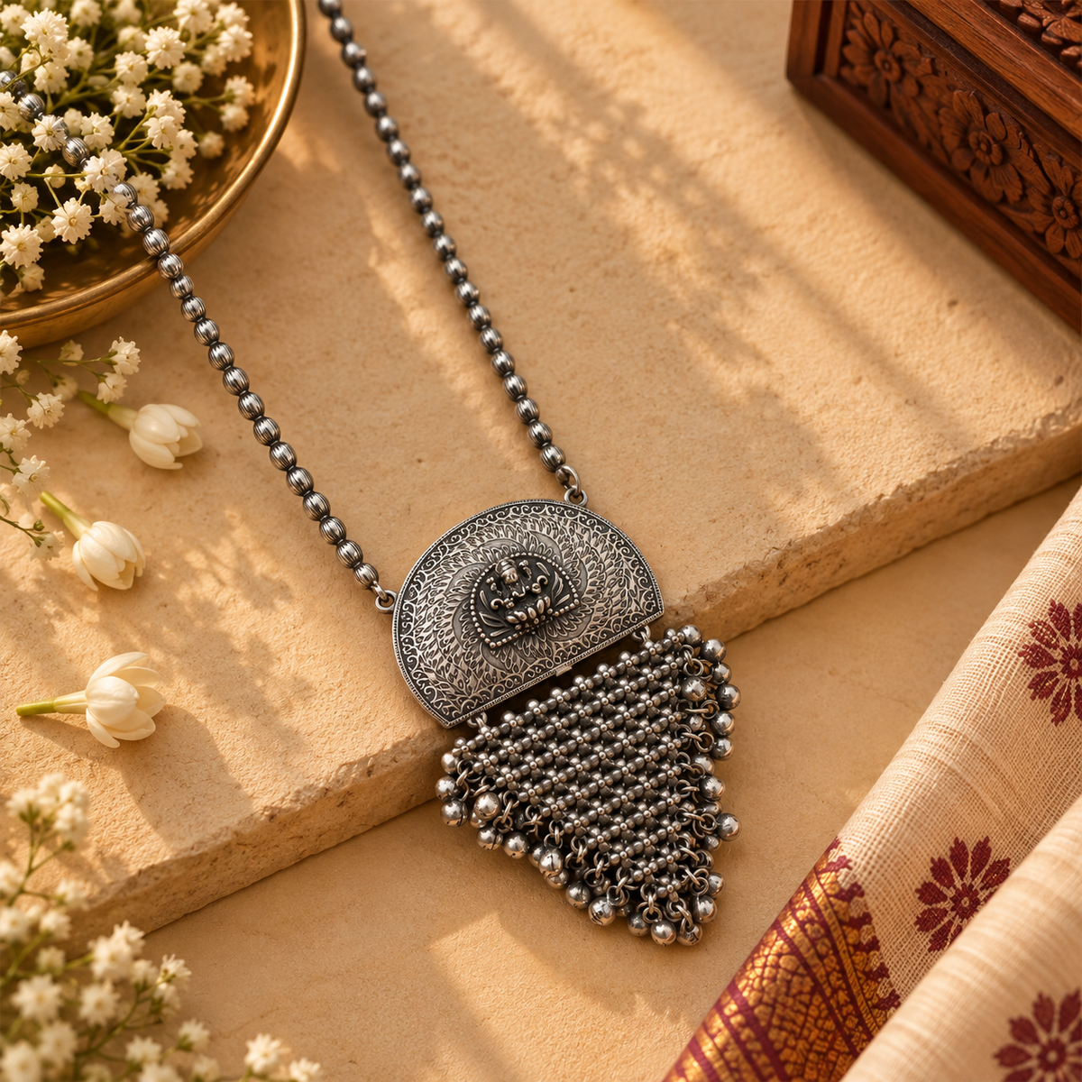 Antique Brass Goddess Lakshmi Long Necklace | Oxidised | Navratri 2025 | Statement Piece