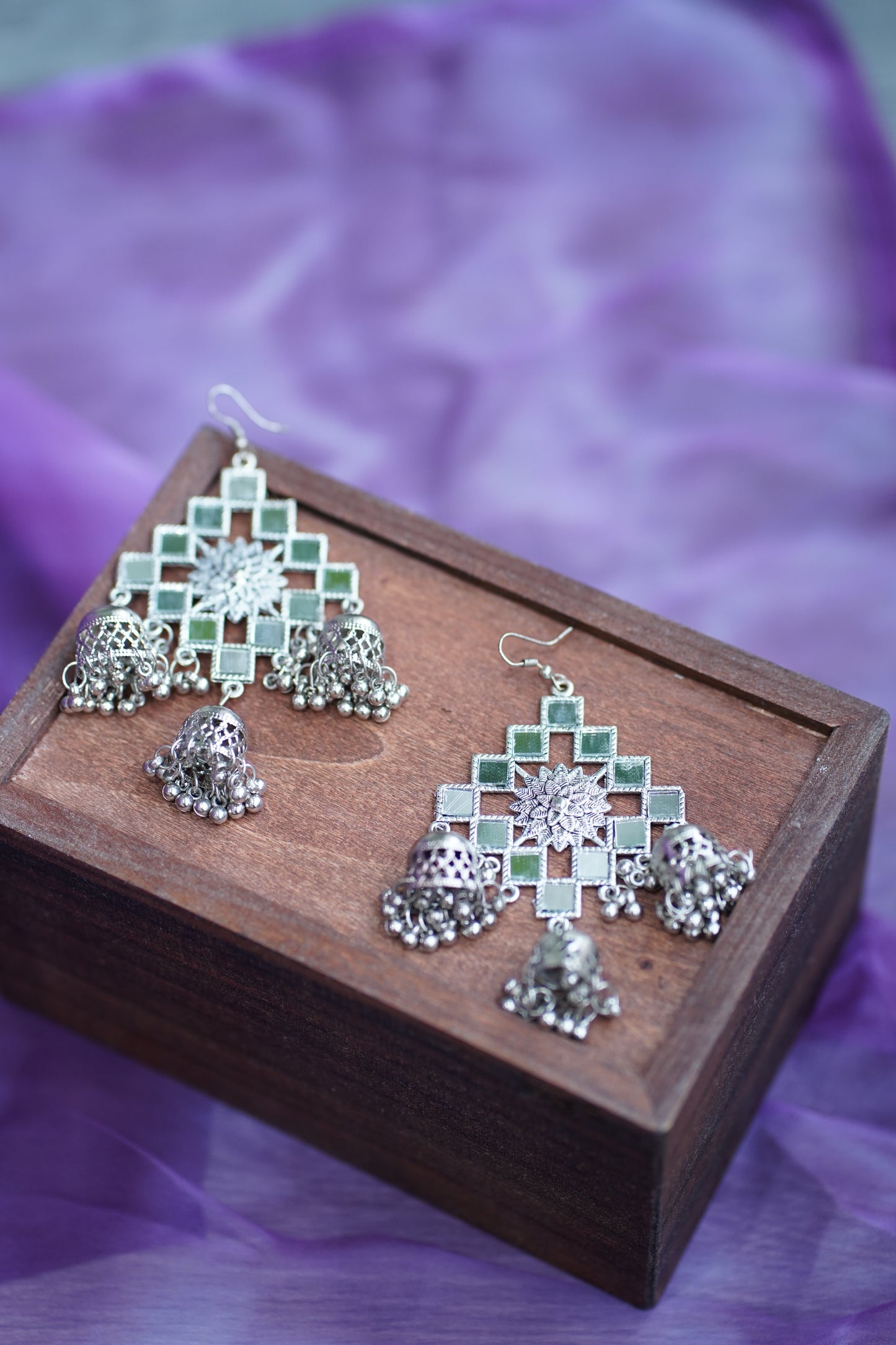 Square Shisha Mirror Earrings with Multiple Jhumkas