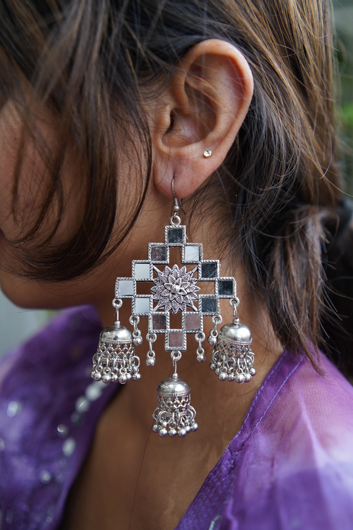 Square Shisha Mirror Earrings with Multiple Jhumkas
