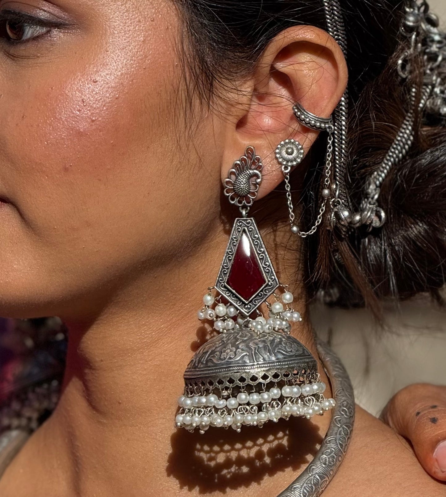 German Silver Jhumkas with pearl detailing | Navratri 2025