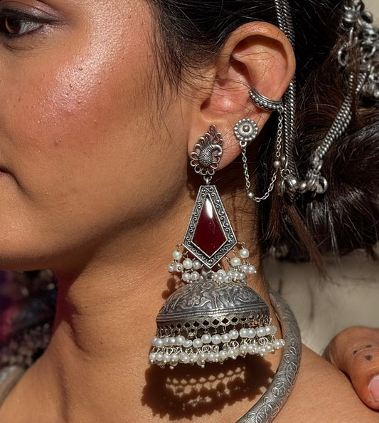 German Silver Jhumkas with pearl detailing | Navratri 2025
