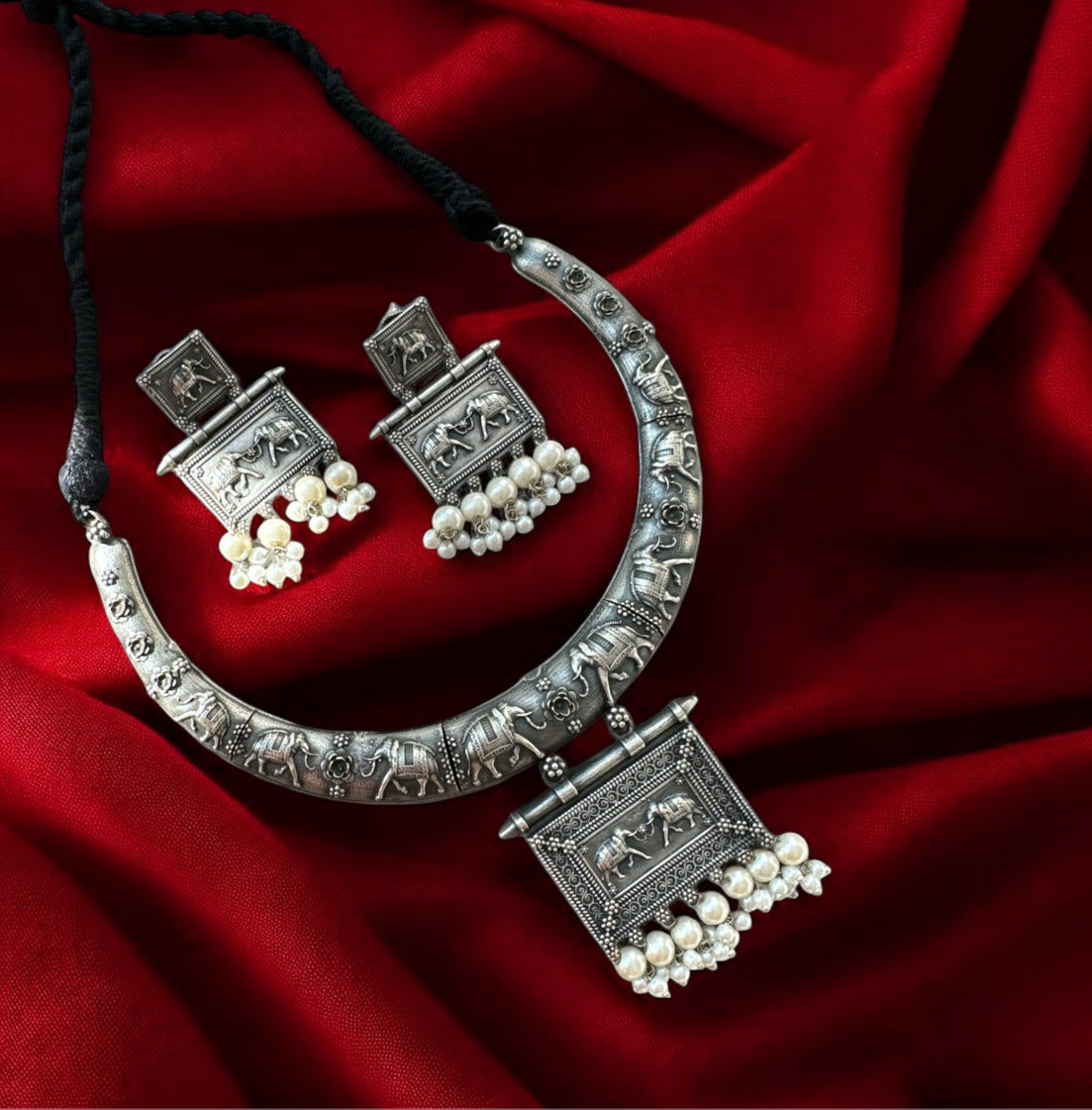 Royal Elephant Pearl Oxidized Hasli and Earring Set | Boho Look | Statement Piece