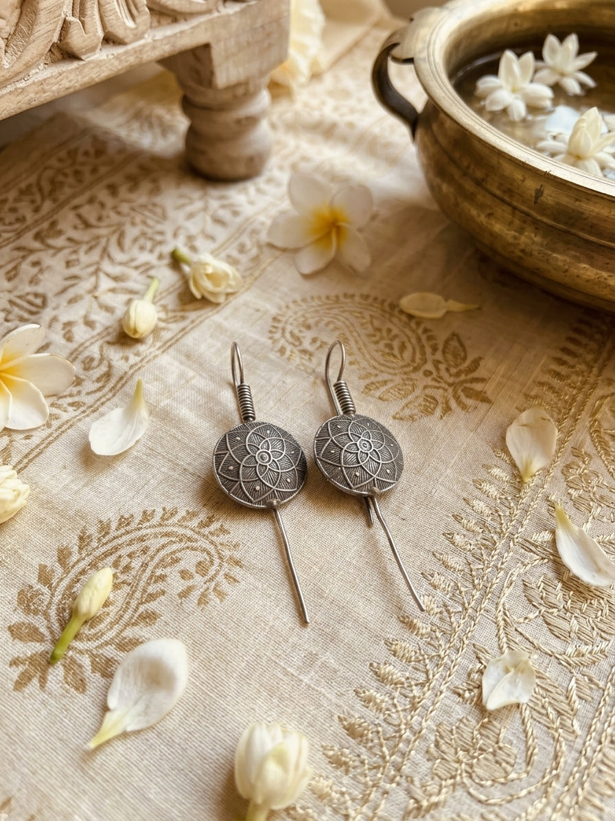 Antique round flower bugadi needle earcuffs
