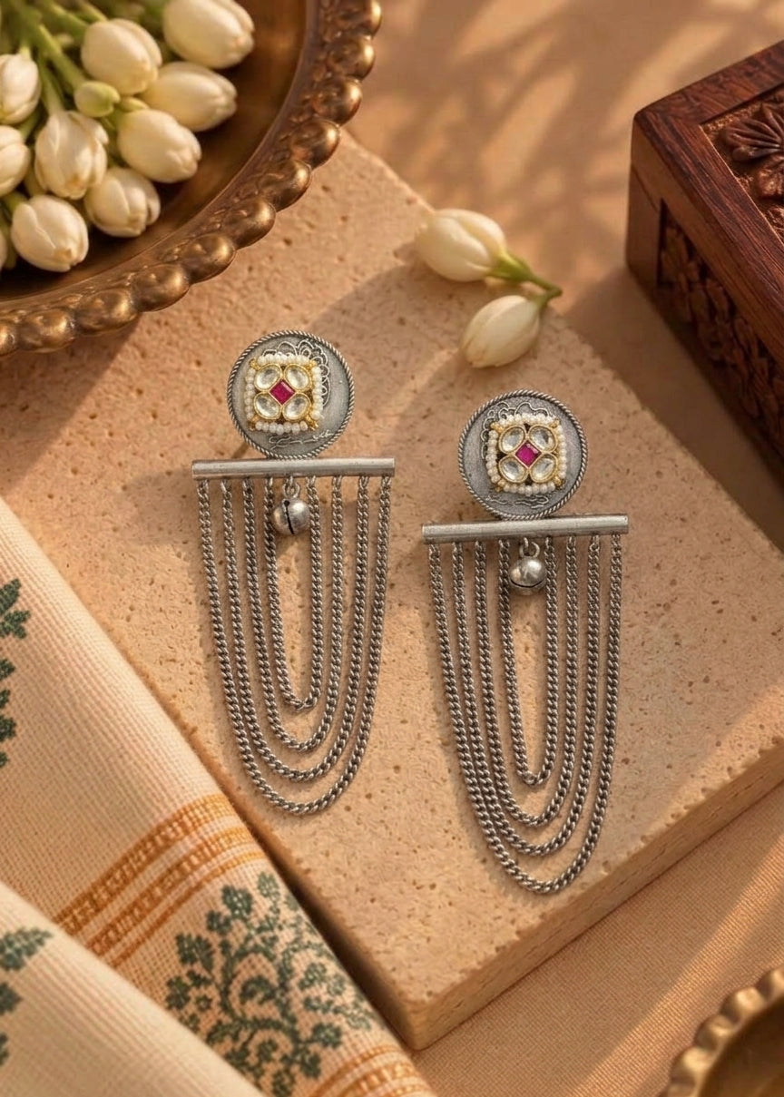 Pink & White Kundan Chain Hanging Earrings