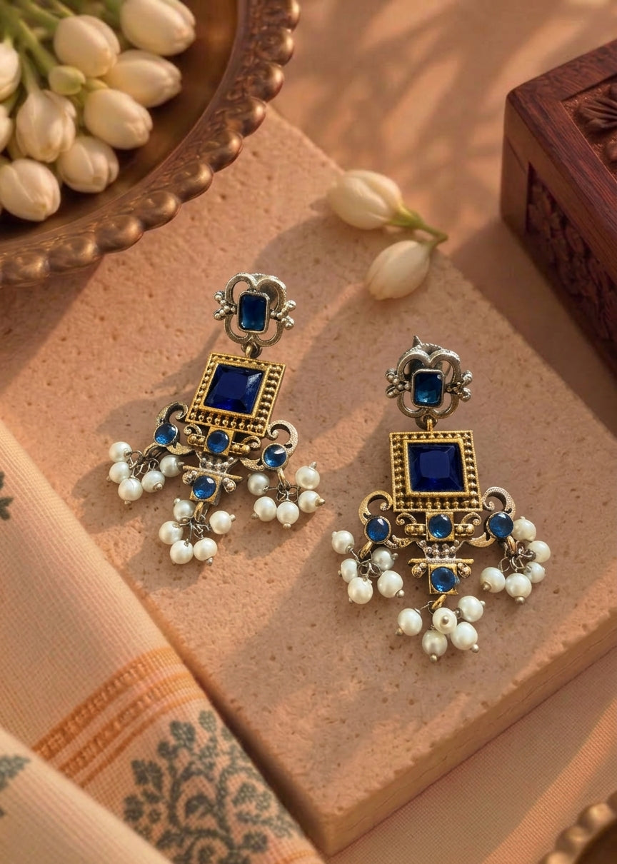 Dual Tone Royal Blue Stone & Pearl Earrings