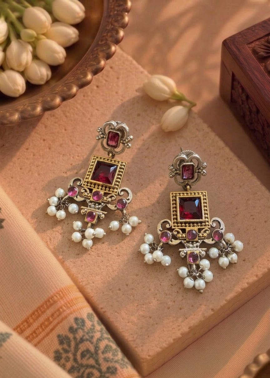 Dual Tone Ruby Pink & Pearl Earrings