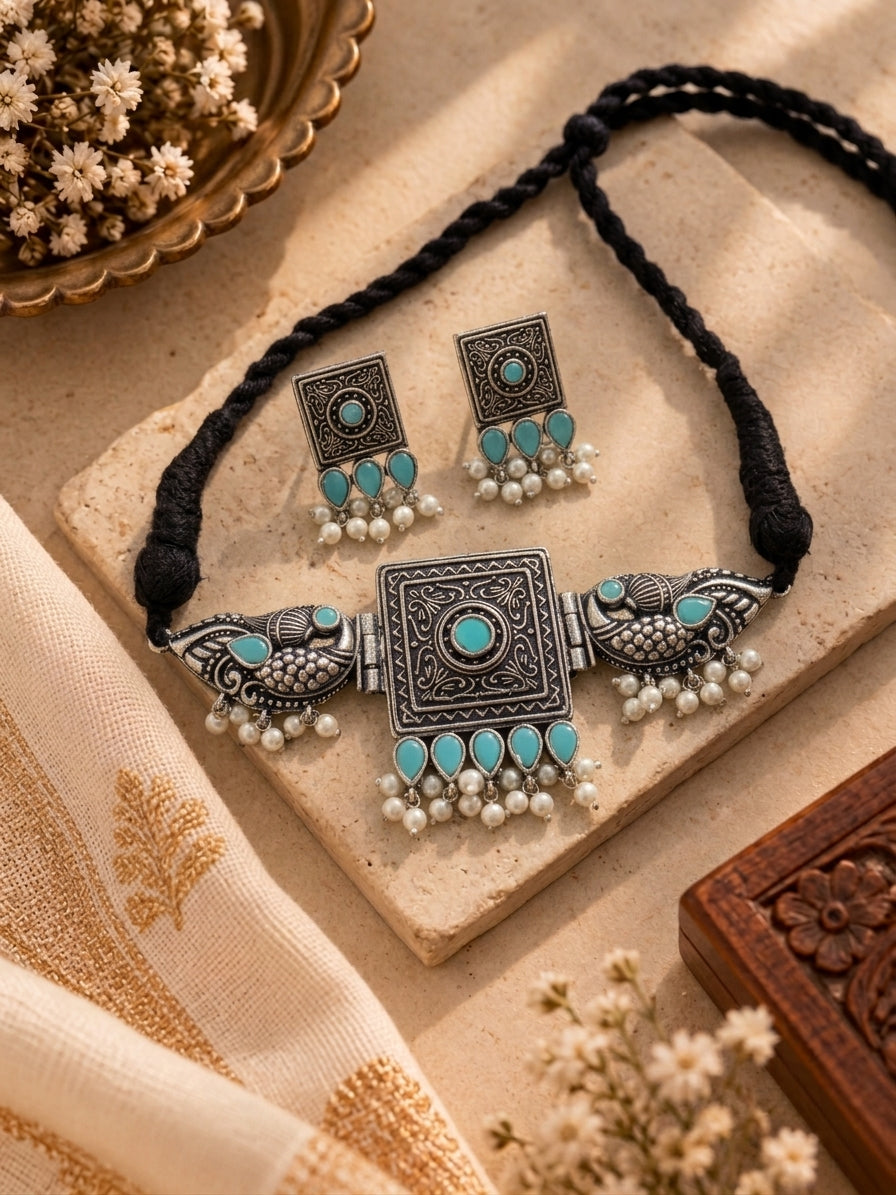 Oxidised Sky Blue Peacock & Pearl Choker Necklace