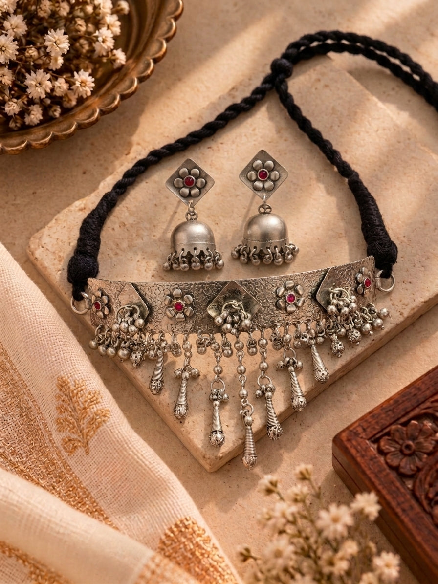 German Silver Pink Ghungoor Hasli with Jhumkas
