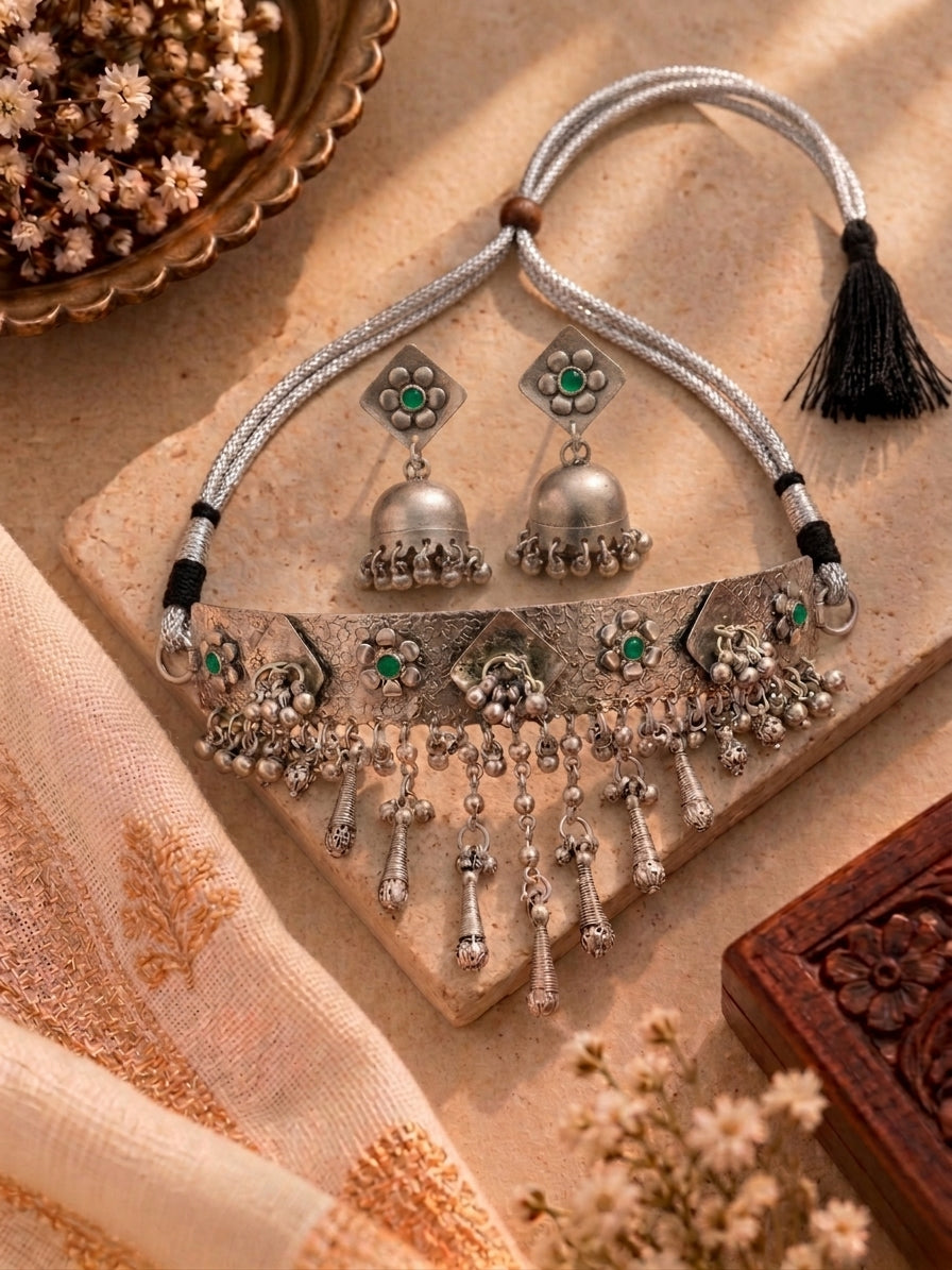 German Silver Green Ghungoor Hasli with Jhumkas
