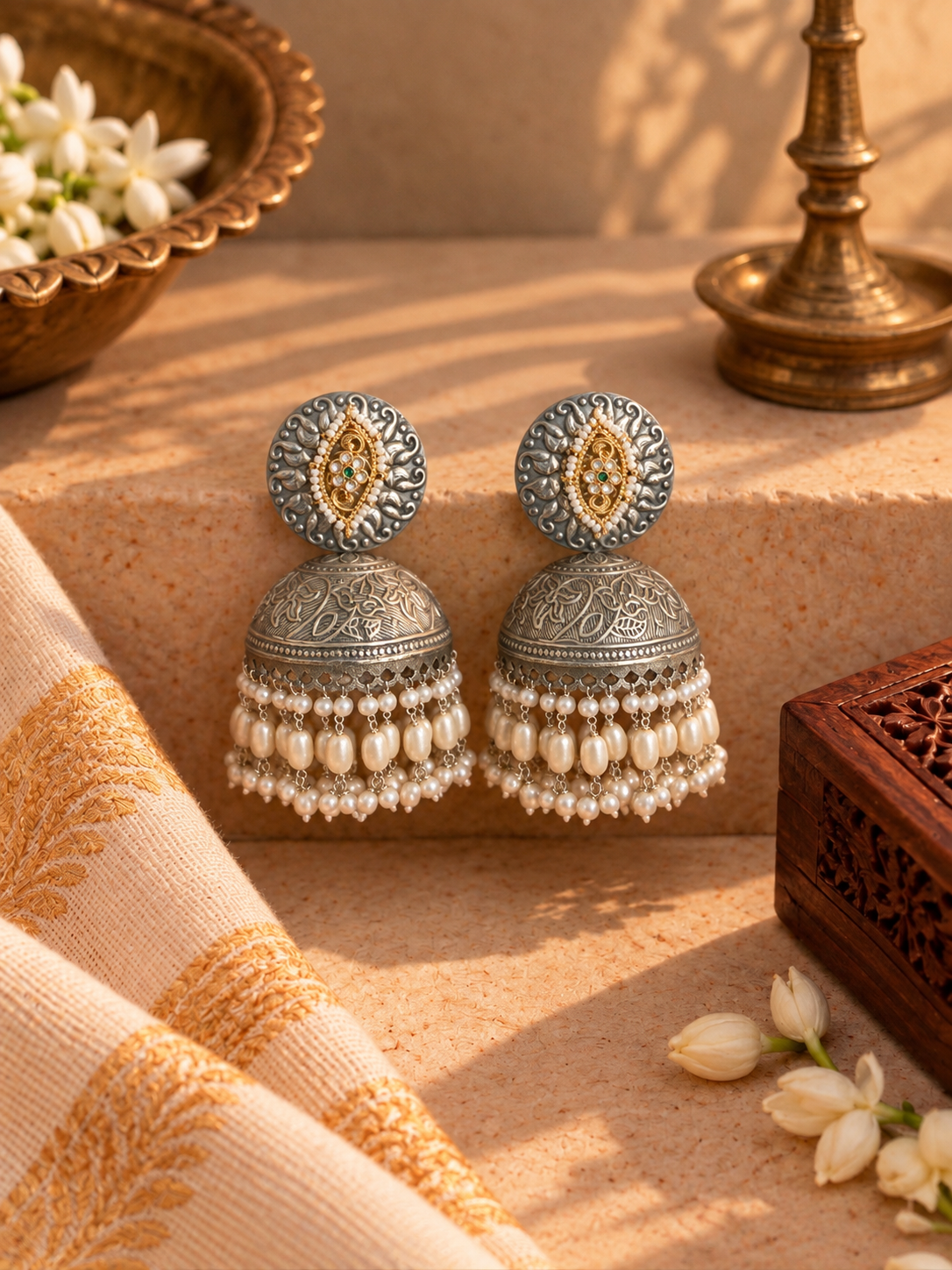German Silver White & Green Pachi Kundan Pearl Big Jhumkas