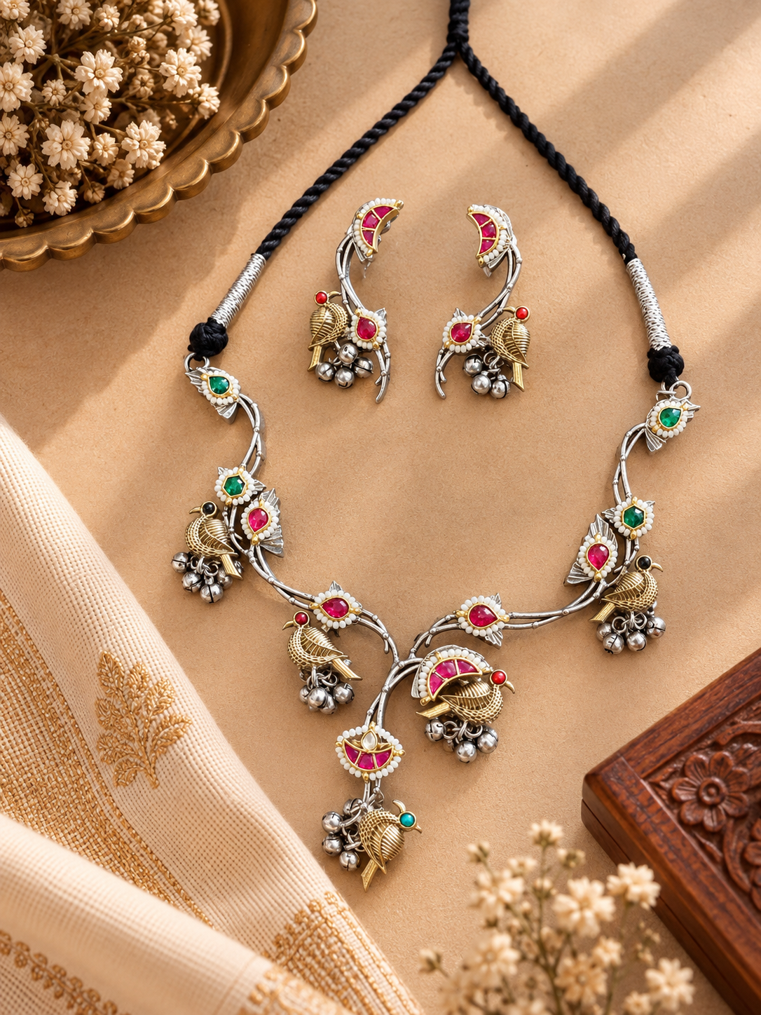 German Silver Dual Tone Fusion “पंछी” Pink Pachi Kundan Necklace