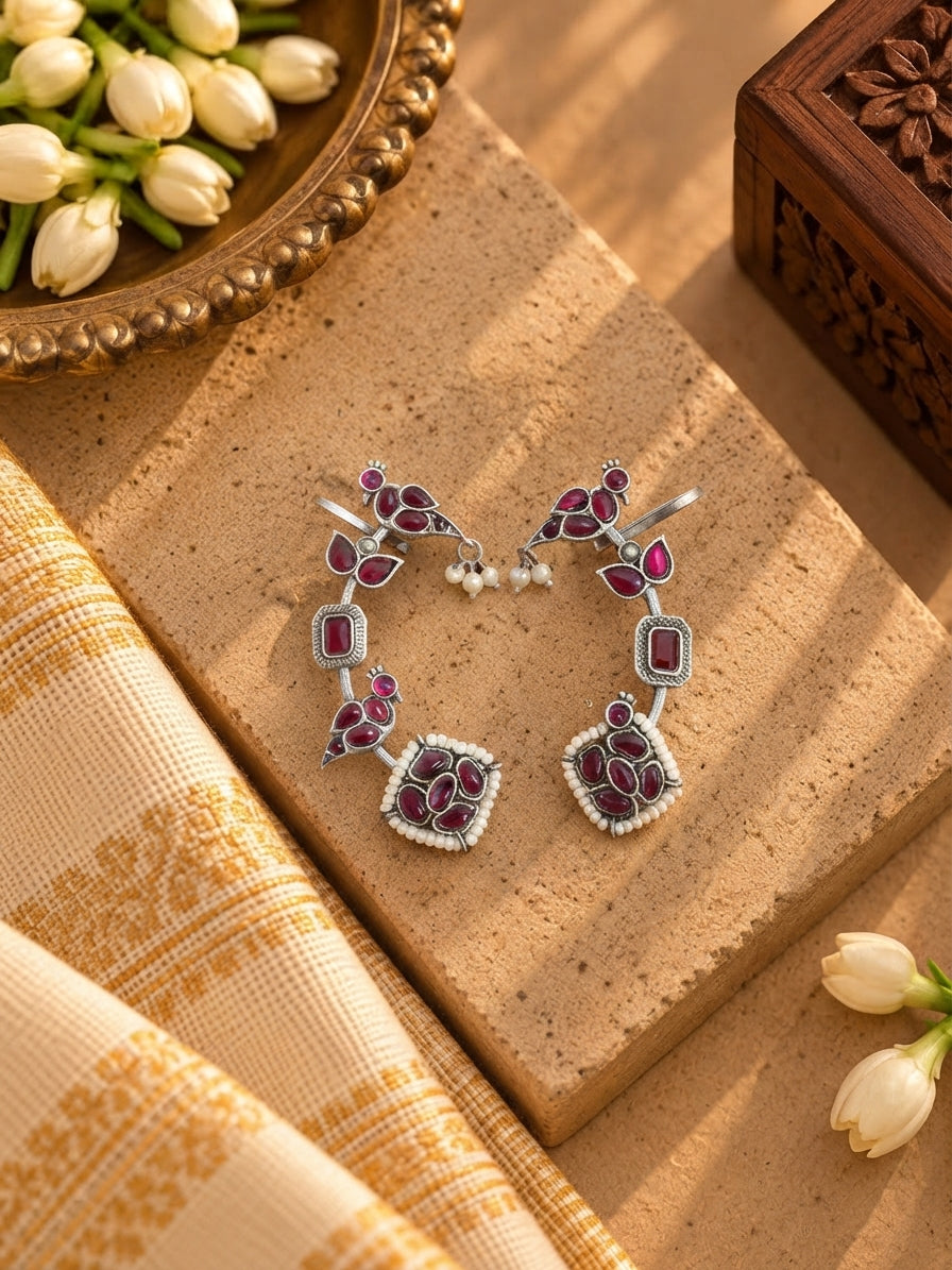 Ruby Pink German Silver Bird Earcuffs