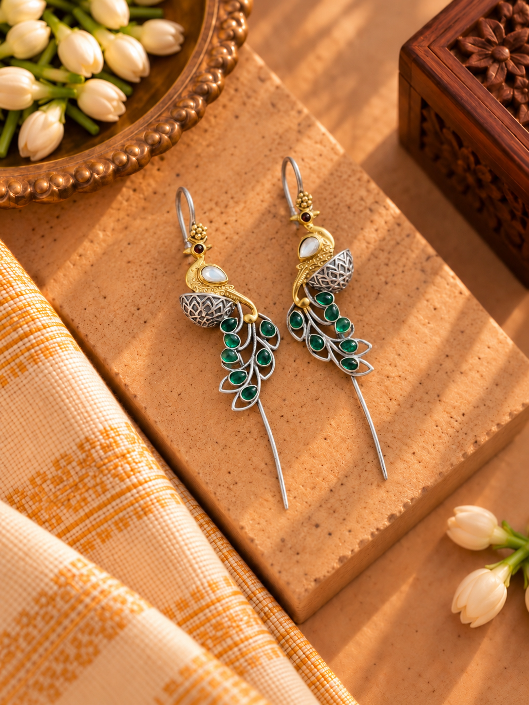 Dual Tone Mayur Green Needle Earcuffs