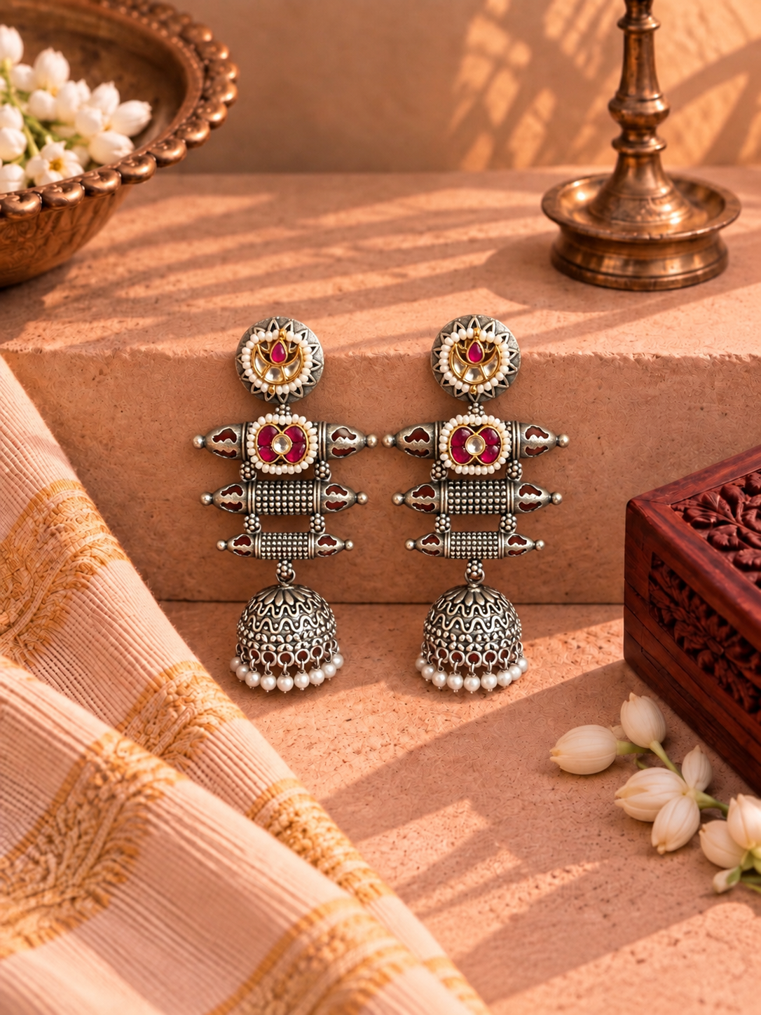 Meher German Silver Pachi Kundan Jhumkas with Pearl