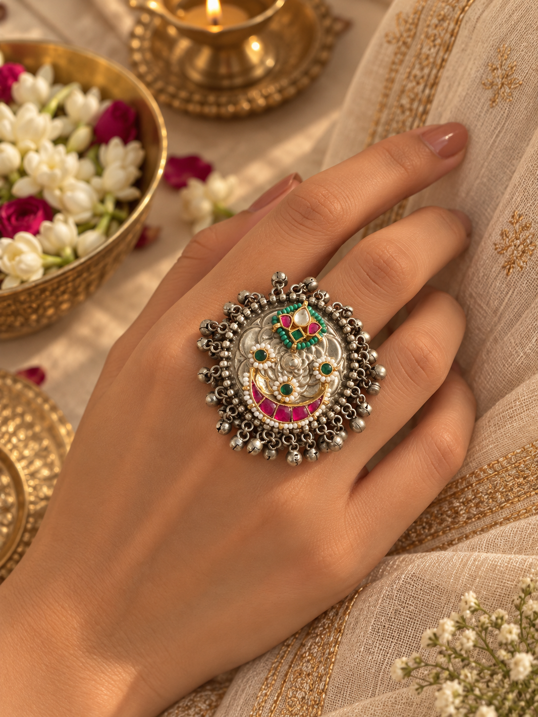 German Silver Pink Kundan Ghungoor Ring