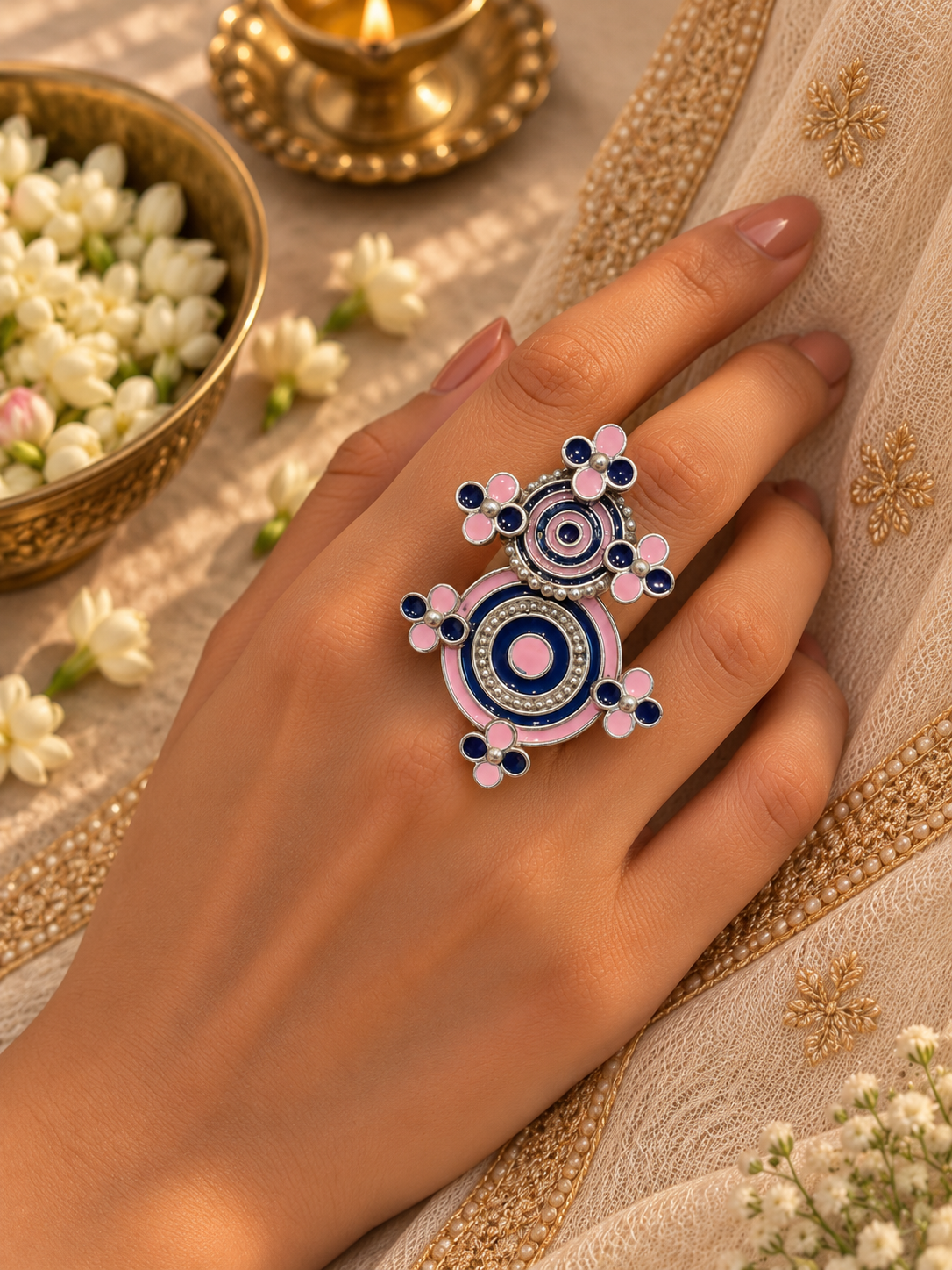Pink & Navy Blue Enamel Handpainted Ring