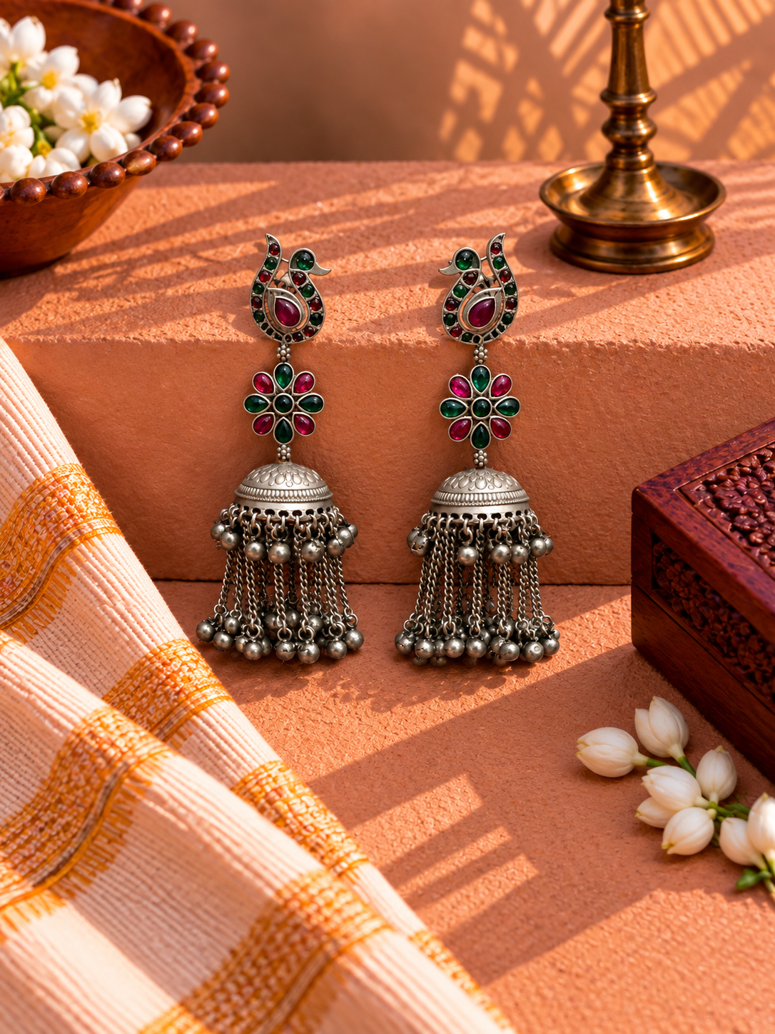 German Silver Mayura Ghunghroo Jhumkas