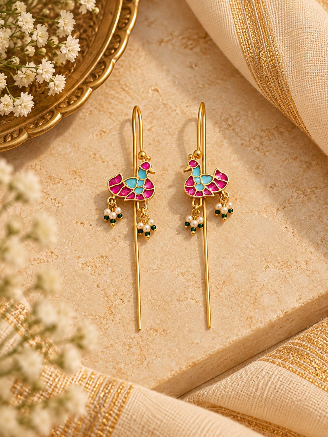 पंछी Pachi Kundan Pink & Blue Pearl Needle Earcuff