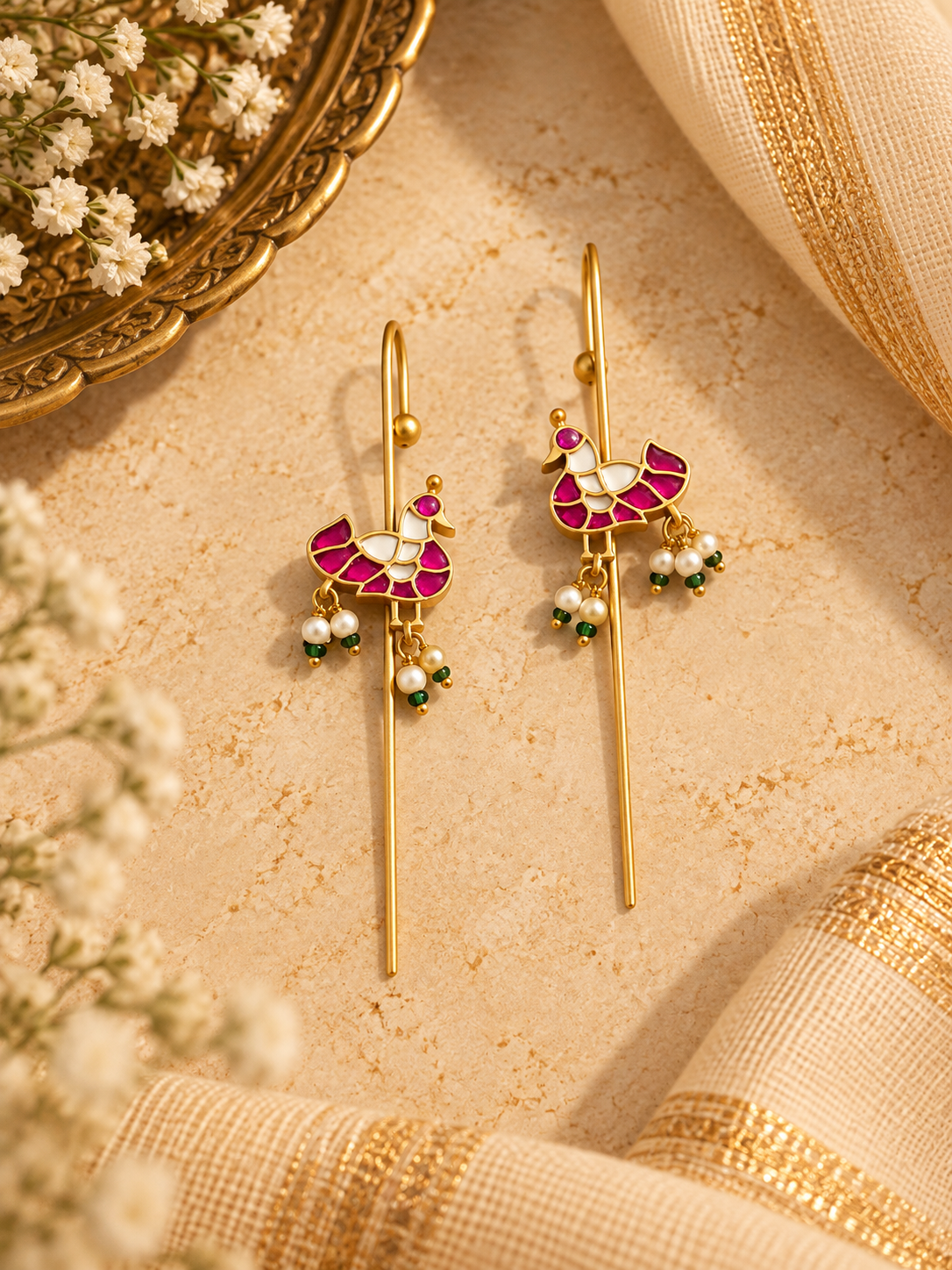 पंछी Pachi Kundan Pink & White Pearl Needle Earcuff