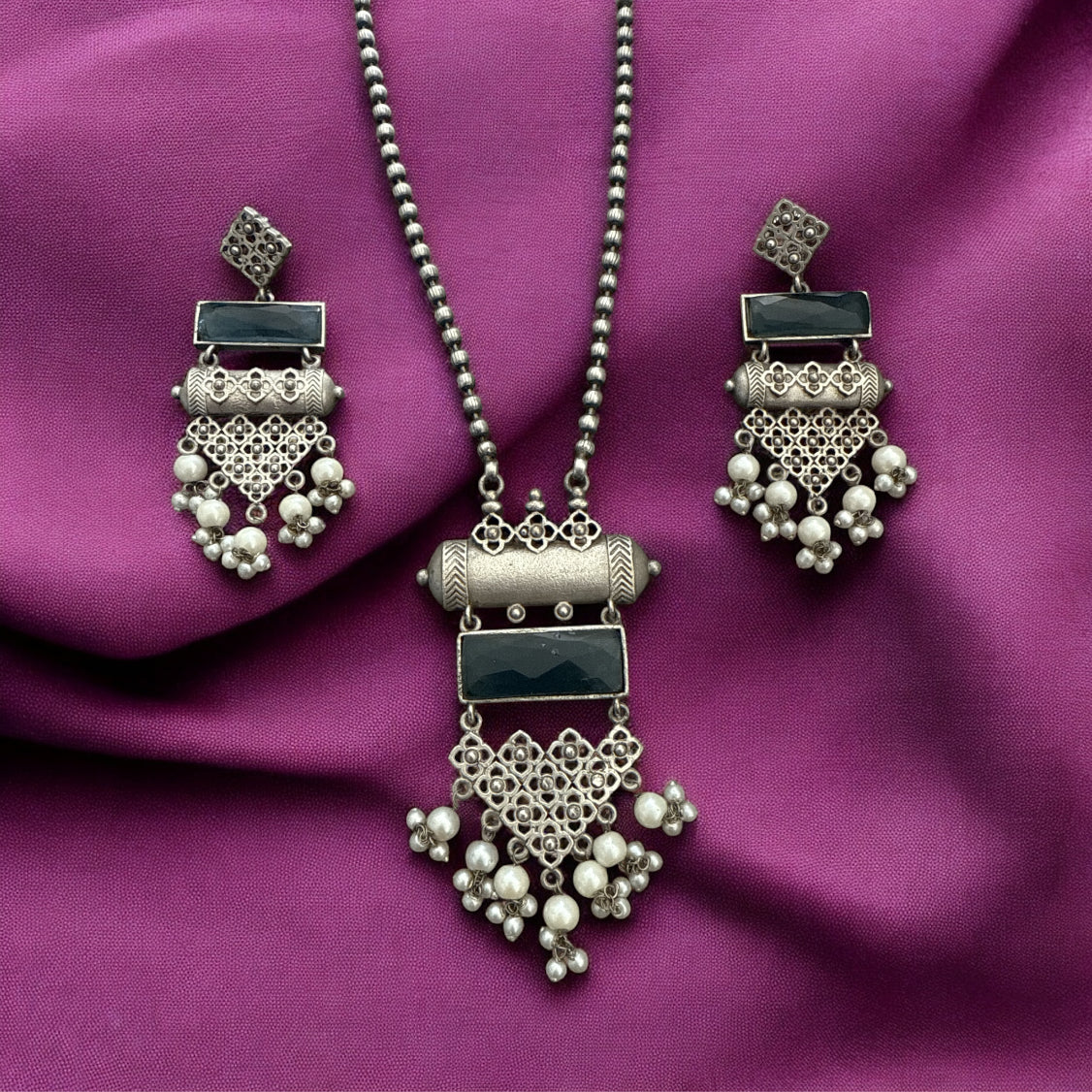 German Silver Necklace Set with Stone and Pearl Accents