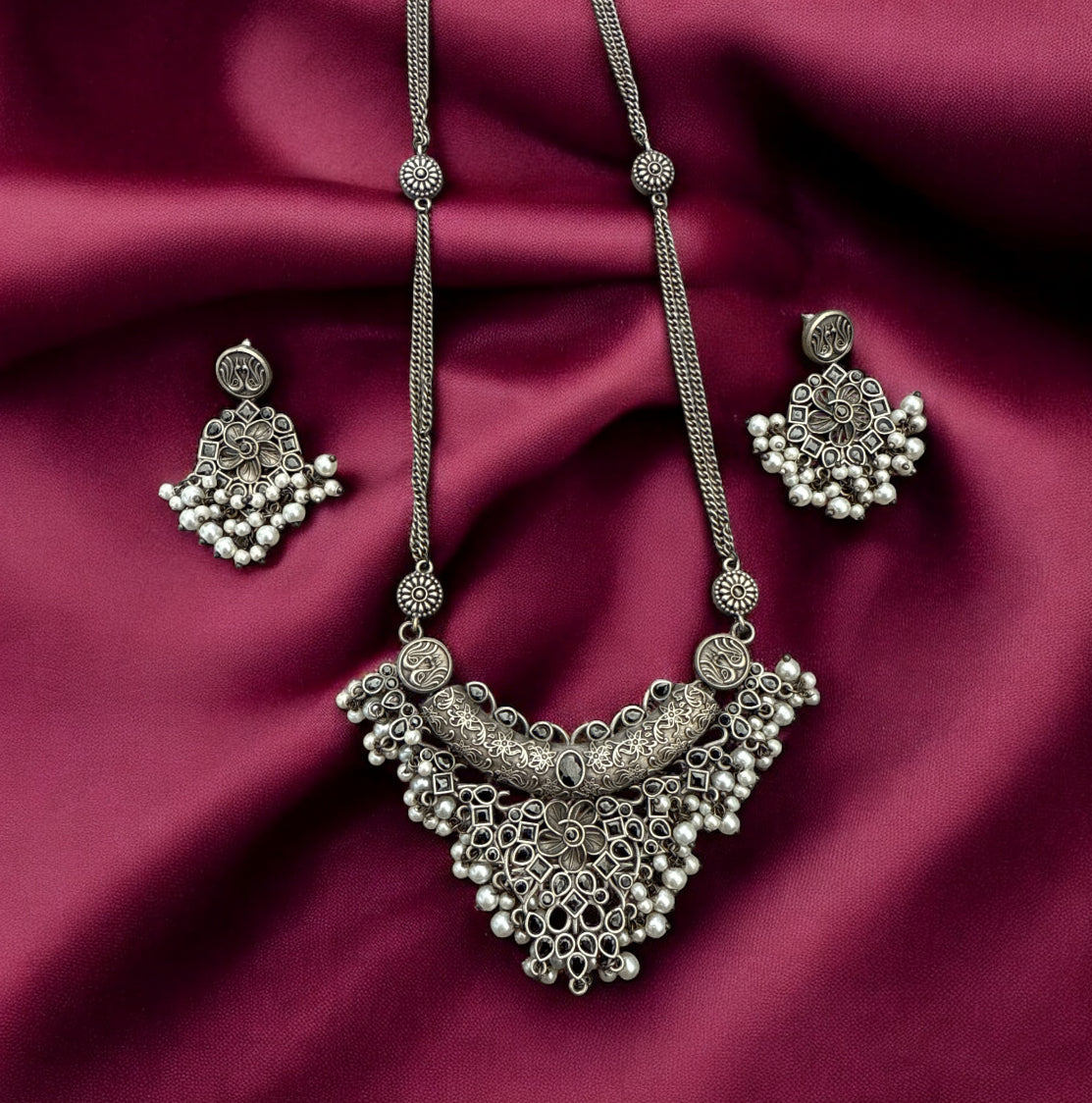Oxidized Brass Necklace Set with Dainty Bead Drops