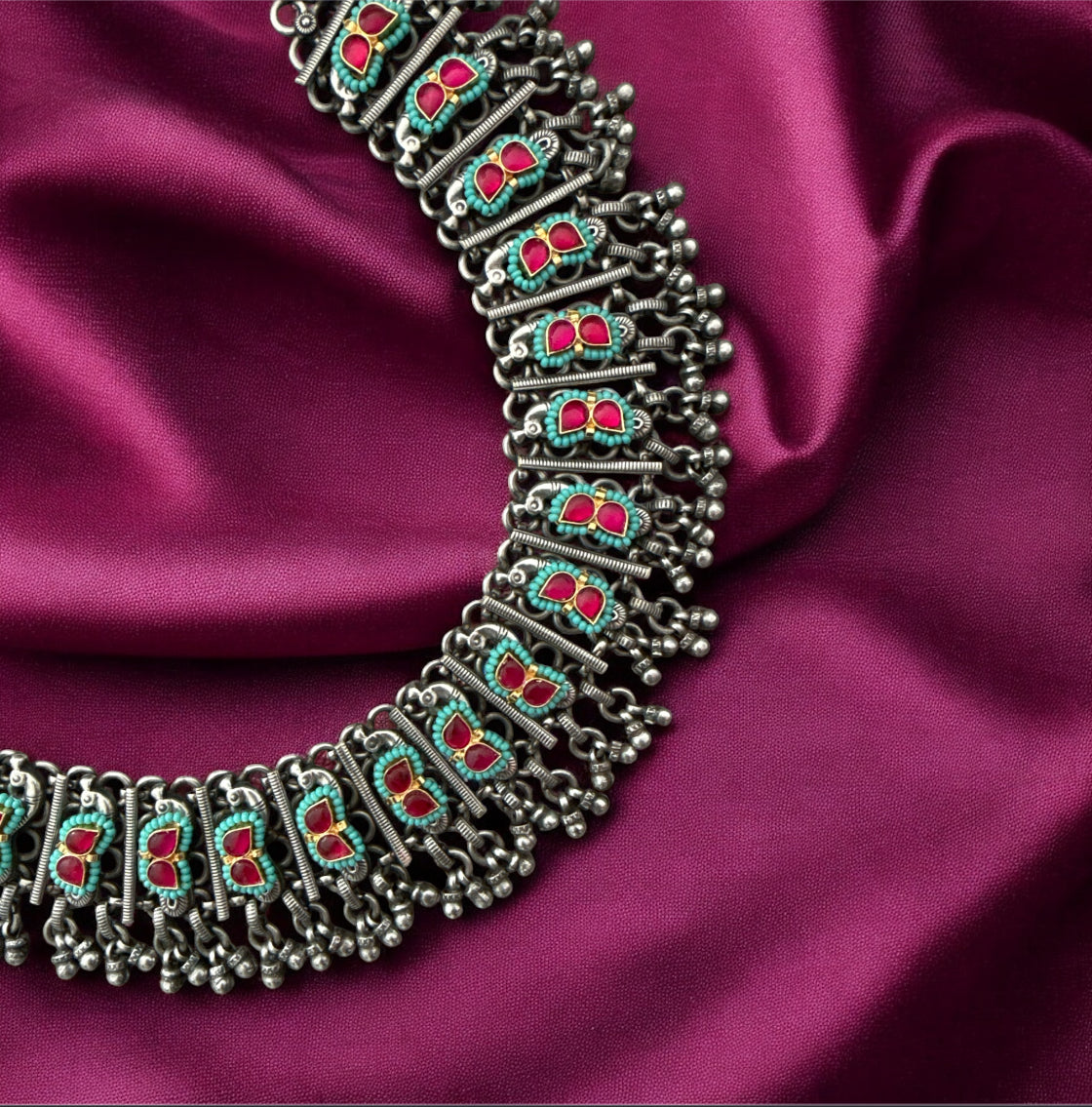 German Silver Brass Navratri Choker with Turquoise and Red Accents