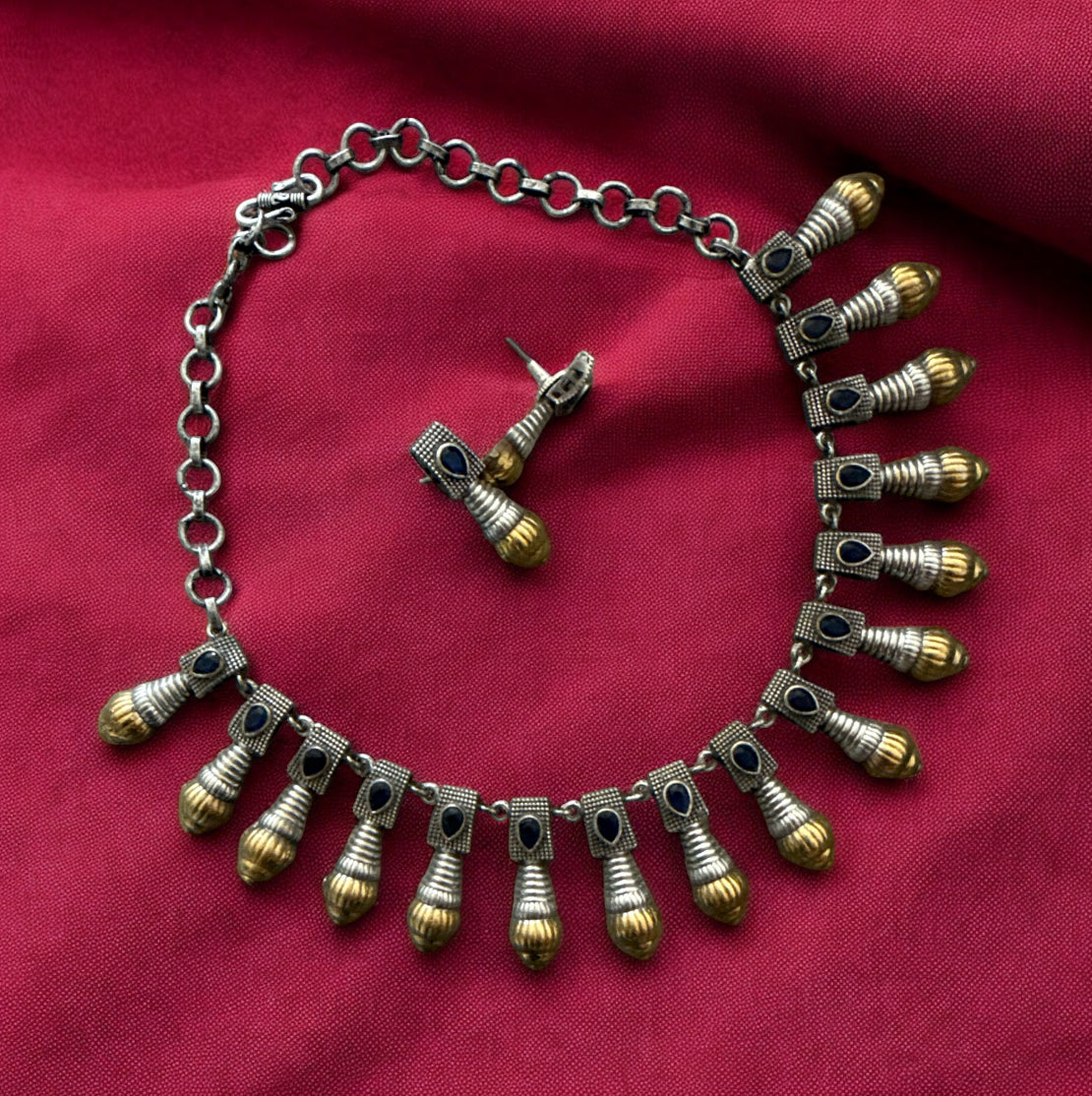 Dual-Tone Oxidized Brass Necklace with Teardrop Charms and Earrings