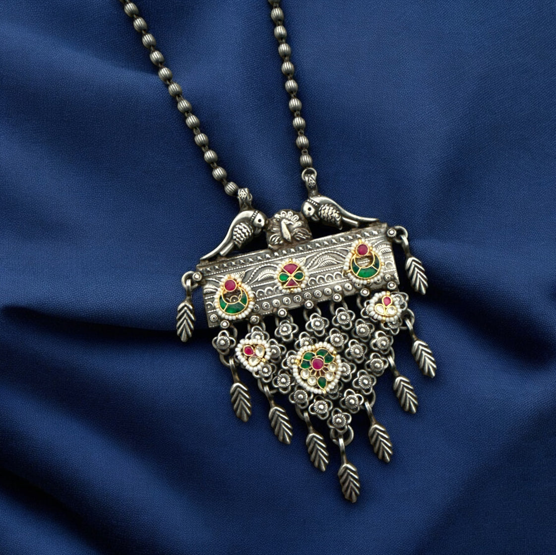 Statement Oxidized Brass Necklace with Kundan and Drop Pendants