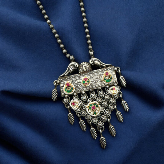 Statement German Silver Brass Necklace with Kundan and Drop Pendants