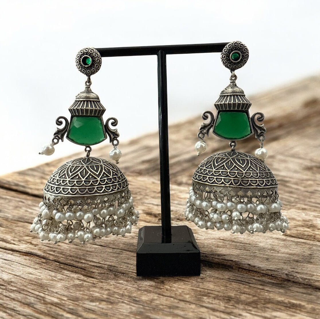 Oxidized Brass Jhumka Earrings with Green/Pastel Blue Stone