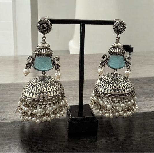 Oxidized Brass Jhumka Earrings with Green/Pastel Blue Stone