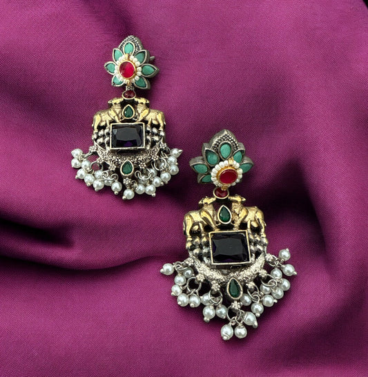 Oxidized Brass Cow Motif Earrings with Kundan and Pearl Drops