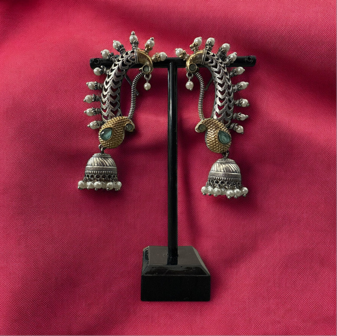 Navratri Special - Dual Tone Peacock Jhumki with Pearl & Stone