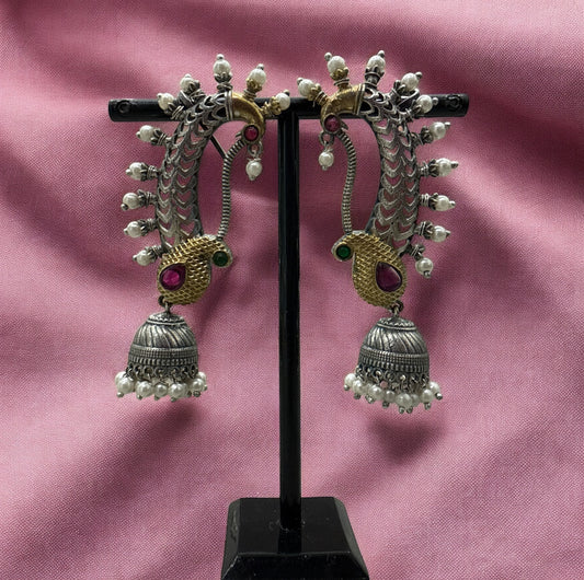 Navratri Special - Dual Tone Peacock Jhumki with Pearl & Stone