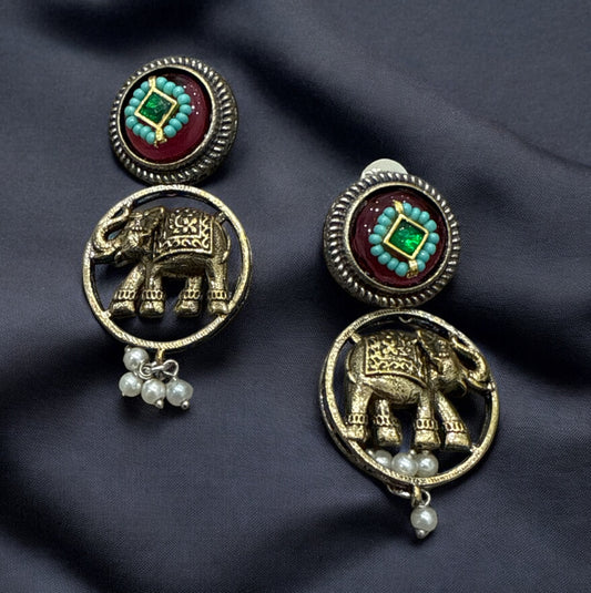 Oxidised Brass Elephant Earrings with Green and Pink Stone