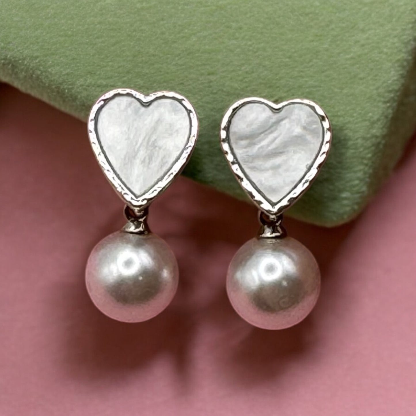 Mother of Pearl Heart Earrings with Pearl Accents