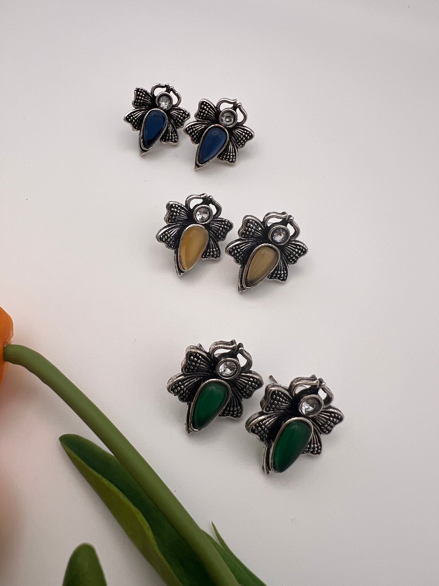 Butterfly Shaped Oxidised Earrings with Coloured Stones