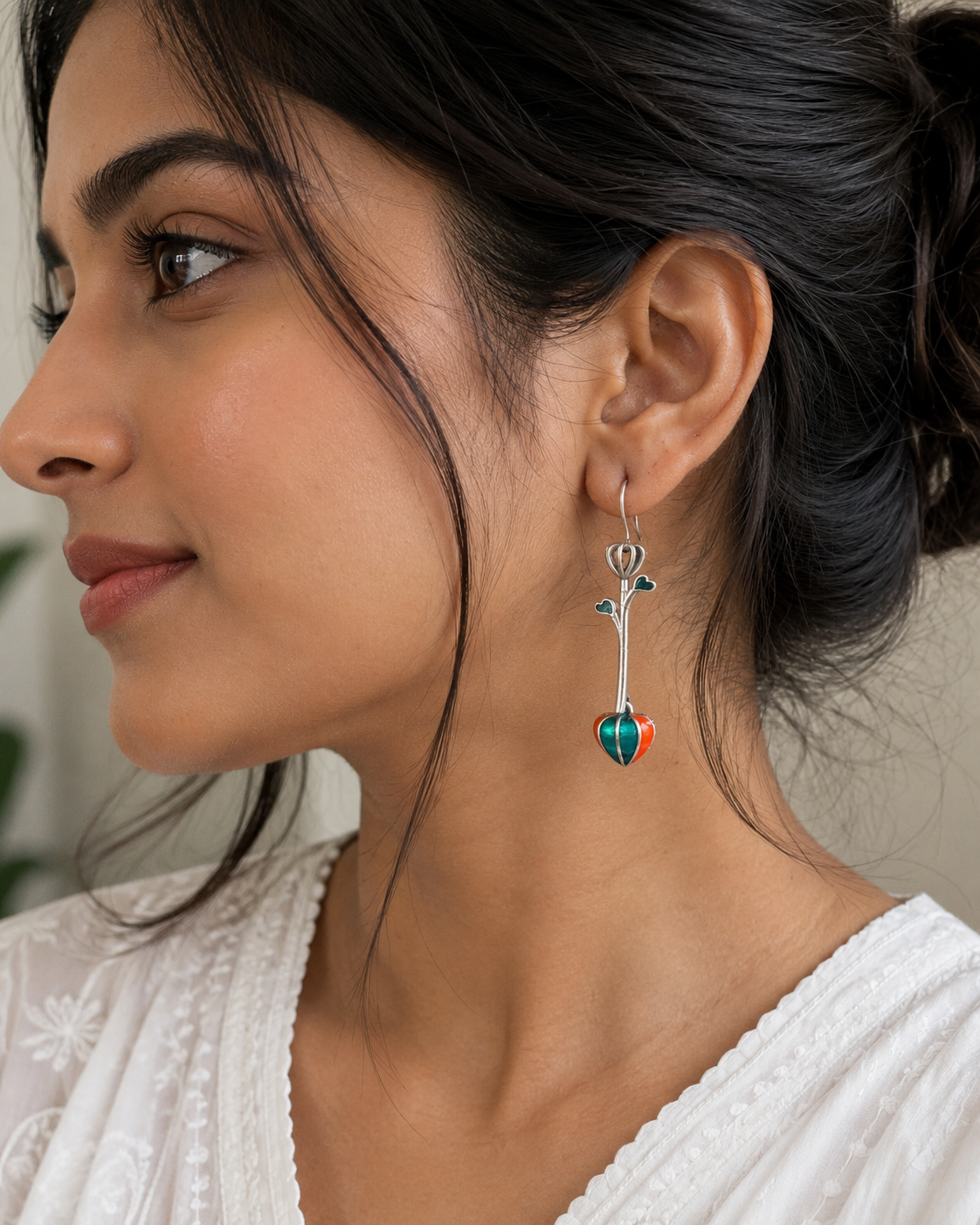 German Silver Heart Drop Earrings with Colourful Enamel | Navratri 2026