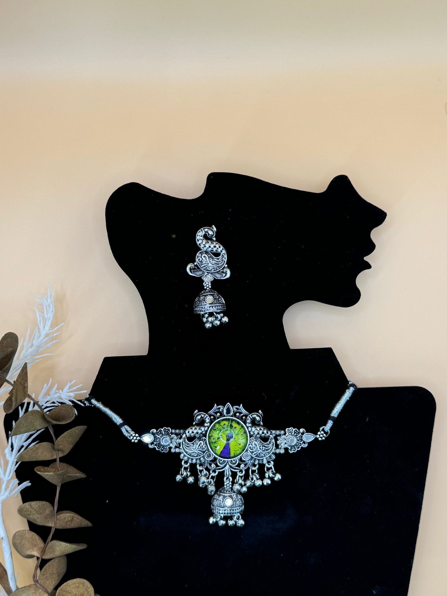 Peacock Design Oxidised Choker Set with Matching Jhumkas