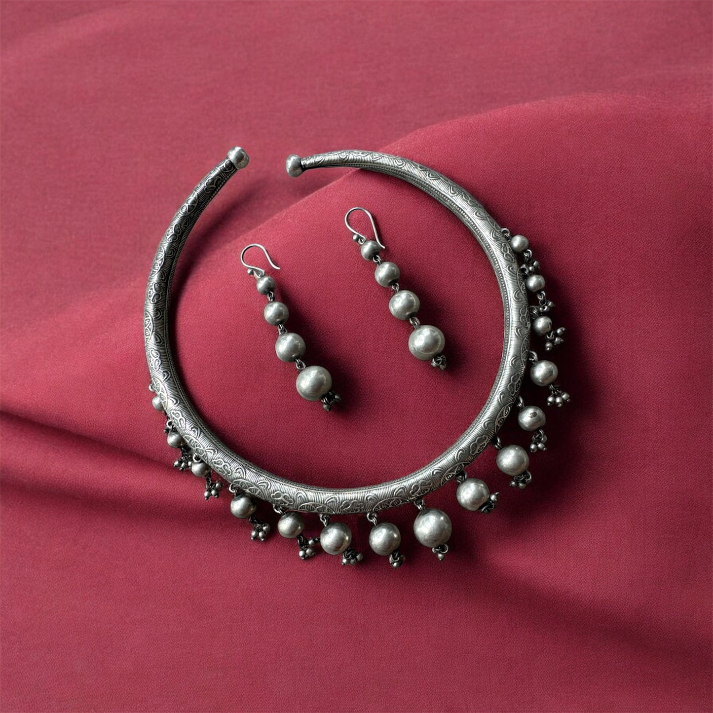Boho Chic Oxidized Brass Hasli & Earrings Set | Navratri 2025 Jwellery