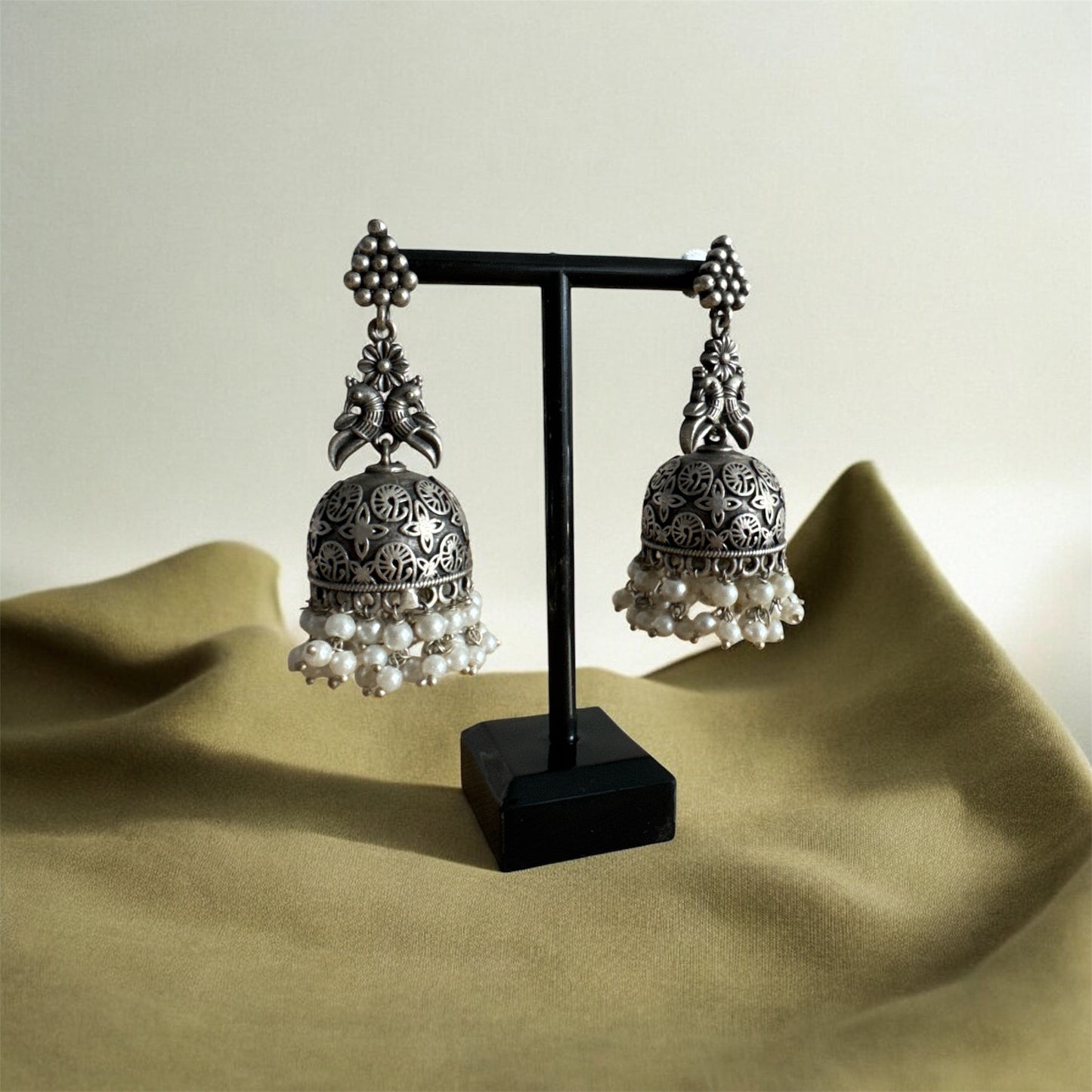 Oxidised Royal Pearl Peacock Jhumka Earrings | Navratri 2025 | Boho Look