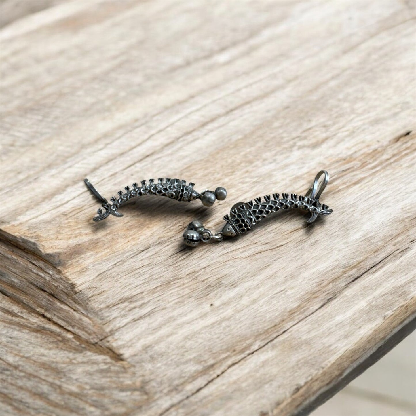 Vintage Mid-Century German Silver Oxidised Articulated Fish Earcuffs | Boho Earrings | Navratri 2025