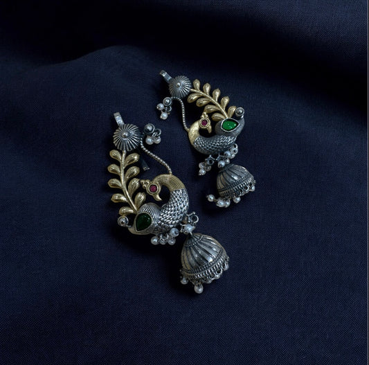 Bohemian Peacock Earrings Earcuff with Pearl Drops