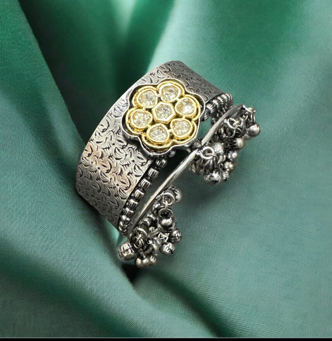 Oxidised Silver and Brass Kada with Diamond Flower