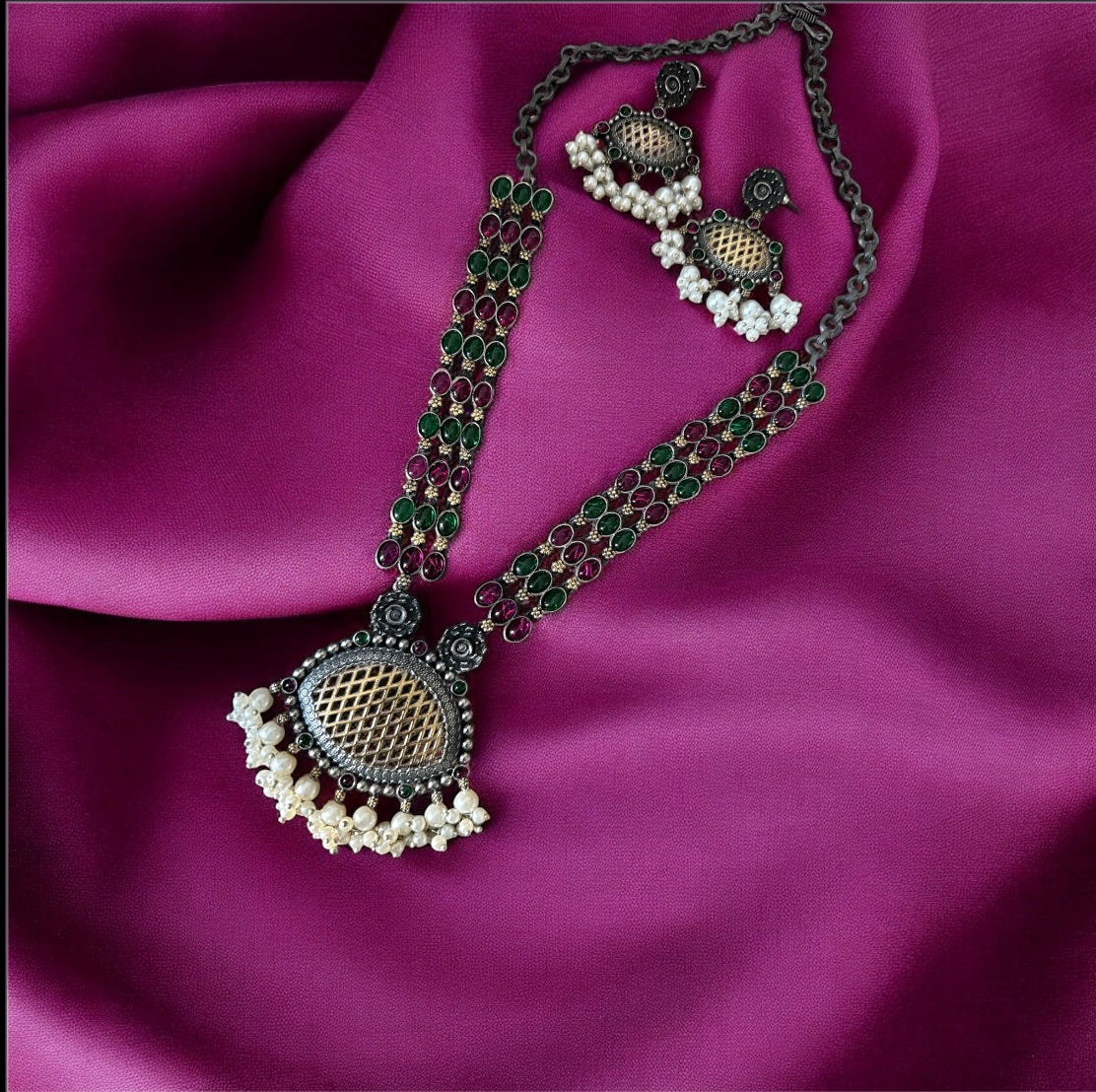 Oxidized Brass Necklace Set with Stone and Pearl Drops