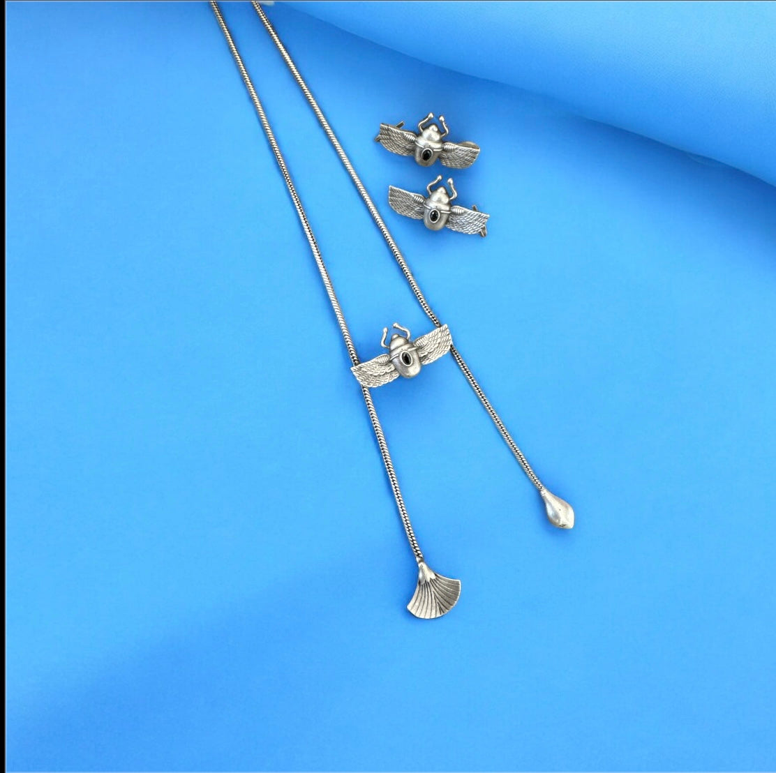 Boho Chic Oxidized Brass Beetle Lariat Necklace and Earcuff Set