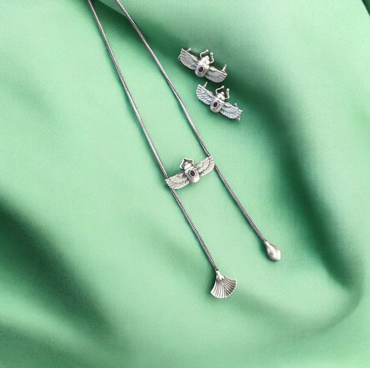 Boho Chic Oxidized Brass Beetle Lariat Necklace and Earcuff Set