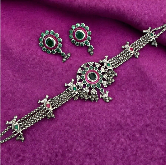 Oxidized Brass Navratri Choker with Green and Pink Stone Work