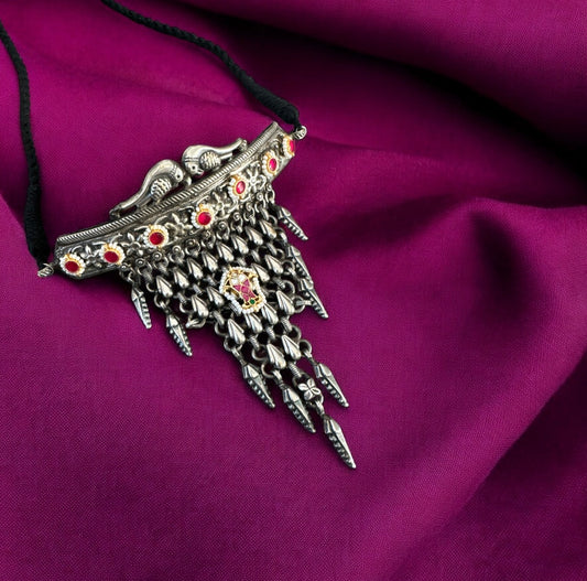 Oxidized German Silver Brass Peacock Choker Necklace with Kundan and Ruby Accents